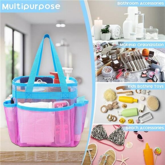 Mesh shower caddy tote bag quick dry dorm bathroom gym travel organizer pink - Picture 7 of 8